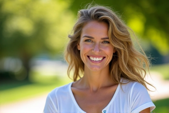 A smiling woman looking healthy and vibrant, sitting in a sunny park.